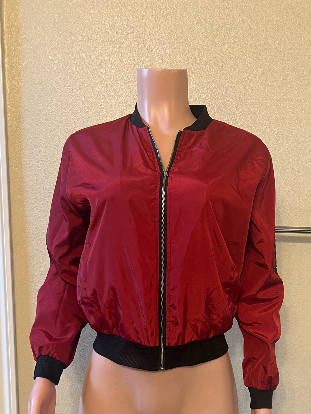 Women's Burgundy Bomber Jacket with Black Trim. Size S.